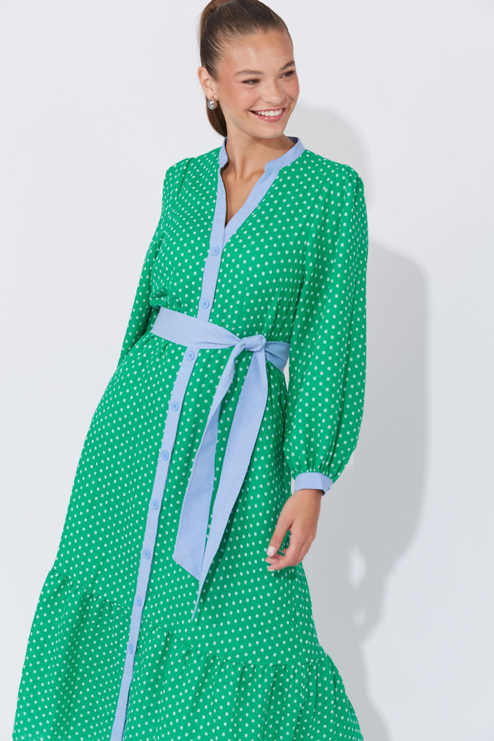 Haven Vanuatu Dress | Green Tiered Shirt Dress with Balloon Sleeves and Waist Tie | Women's Online Clothing Store Australia