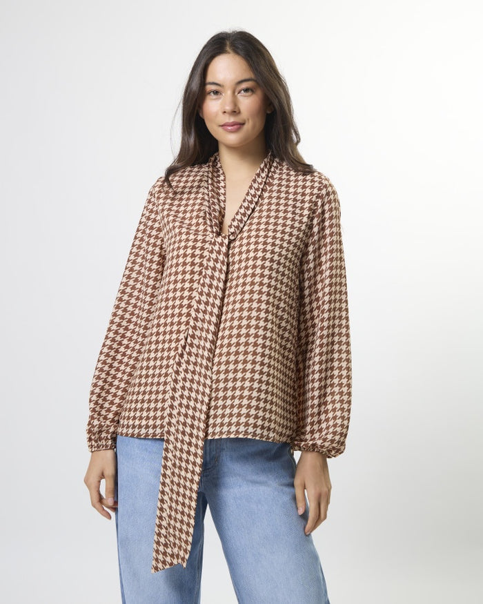 Stella + Gemma Verity Neck Tie Blouse in Chocolate Houndstooth | Women's Clothing | Gretel Lane