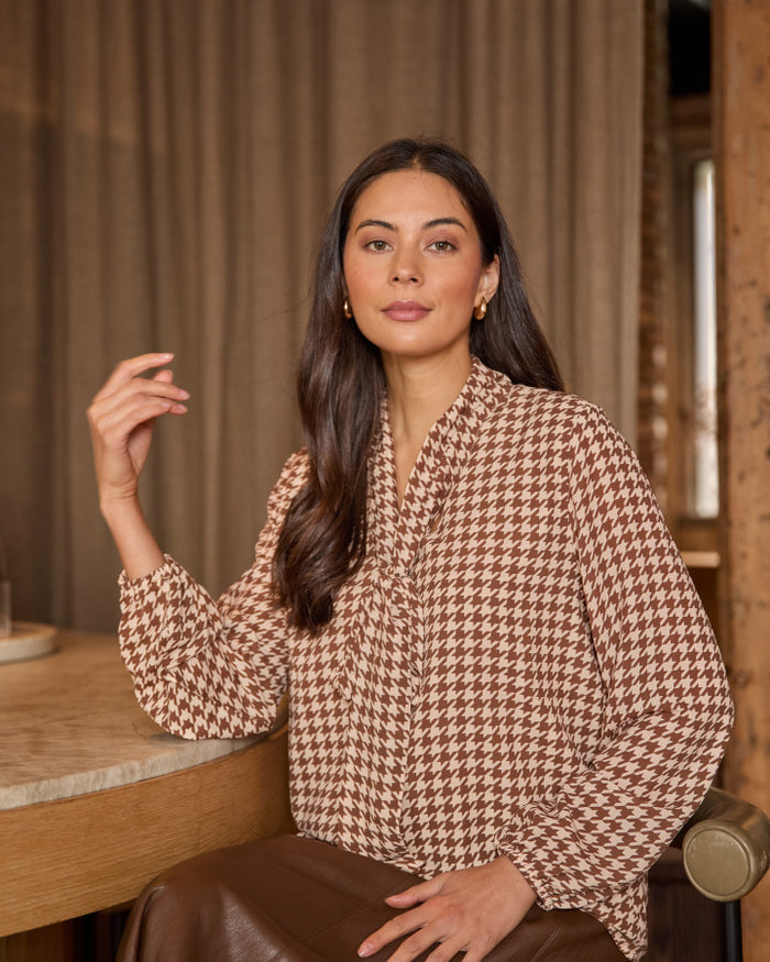 Stella + Gemma Verity Neck Tie Blouse in Chocolate Houndstooth | Women's Clothing | Gretel Lane