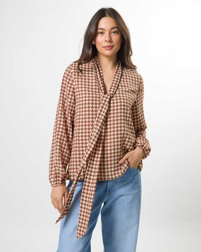 Stella + Gemma Verity Neck Tie Blouse in Chocolate Houndstooth | Women's Clothing | Gretel Lane