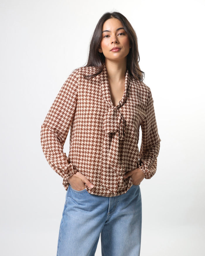 Stella + Gemma Verity Neck Tie Blouse in Chocolate Houndstooth | Women's Clothing | Gretel Lane