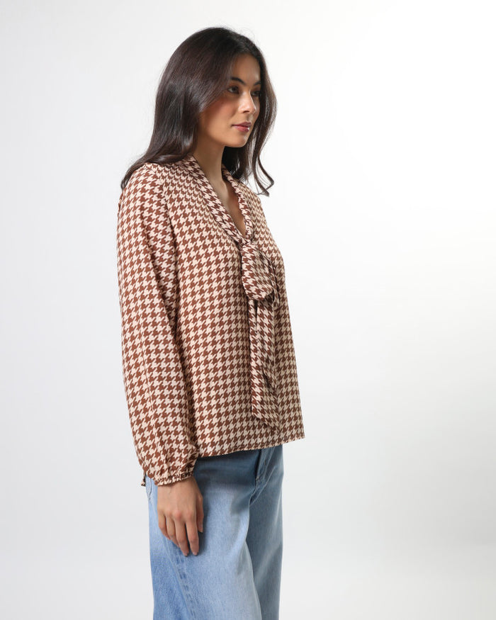 Stella + Gemma Verity Neck Tie Blouse in Chocolate Houndstooth | Women's Clothing | Gretel Lane