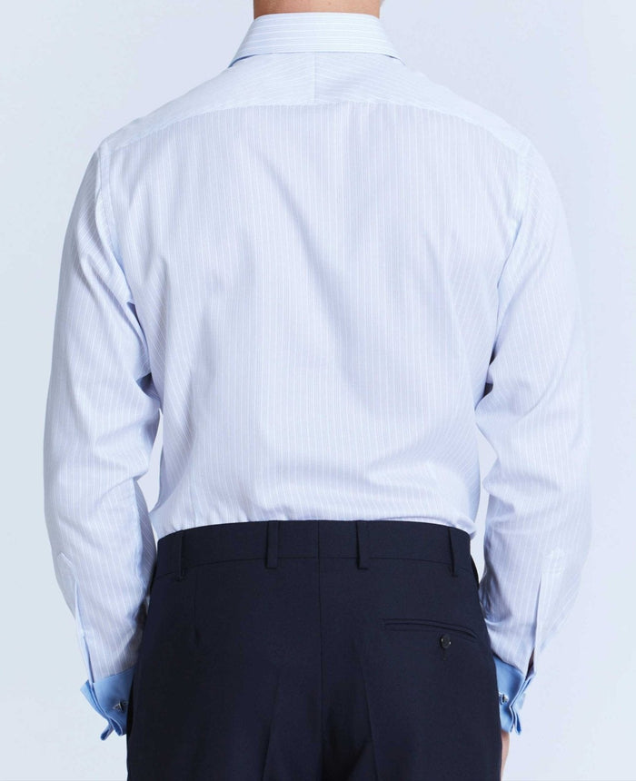 victor blue fine stripe made to measure shirt model back 1