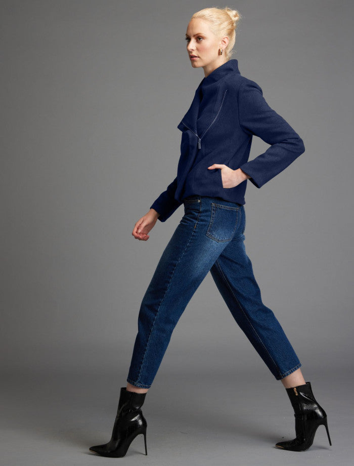 cropped biker-style jacket in Navy | Fate + Becker