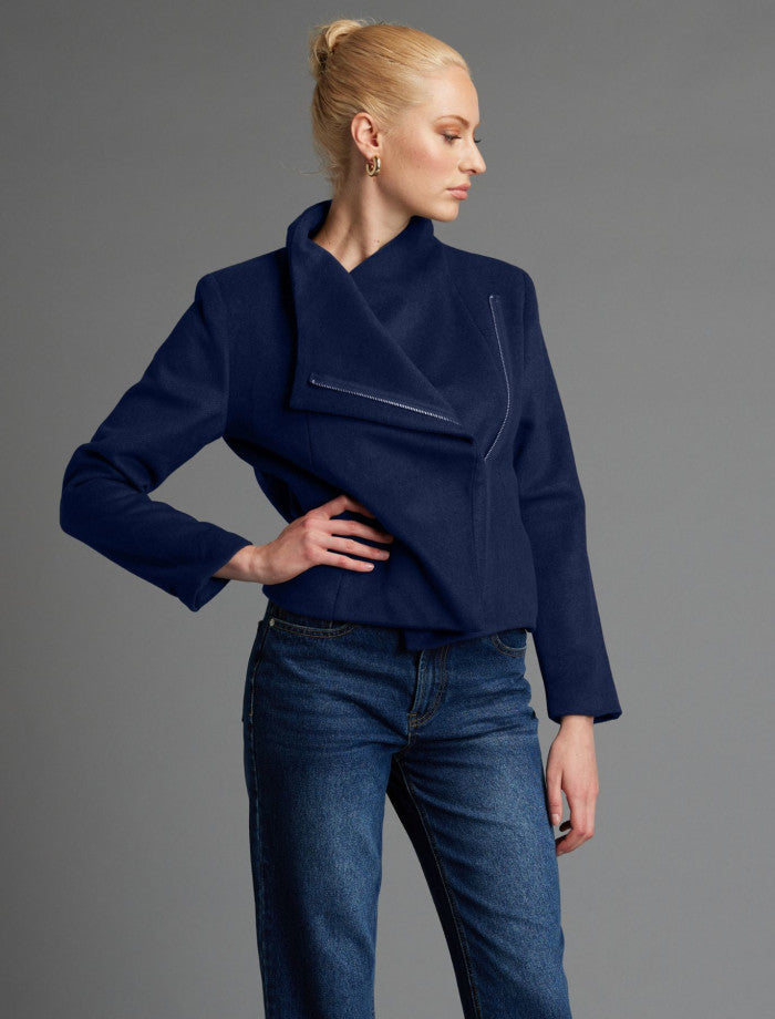 fitted cropped biker jacket in Navy | Fate + Becker