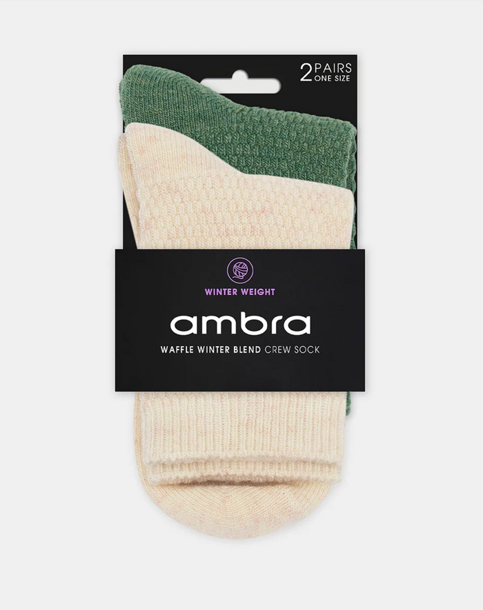 Ambra Waffle Wool Blend Crew Sock - 2 Pair Pack with Bone & Fern | Women's Socks | Gretel Lane