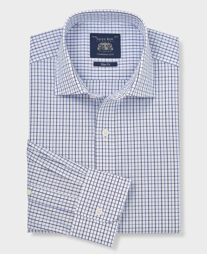 Men's White Blue Cotton Poplin Slim Fit Check Formal Shirt With Single Cuffs folded shot