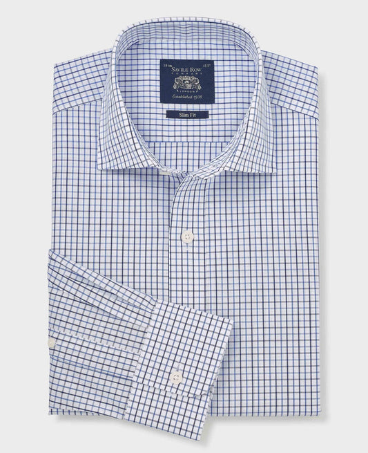 Men's White Blue Cotton Poplin Slim Fit Check Formal Shirt With Single Cuffs folded shot