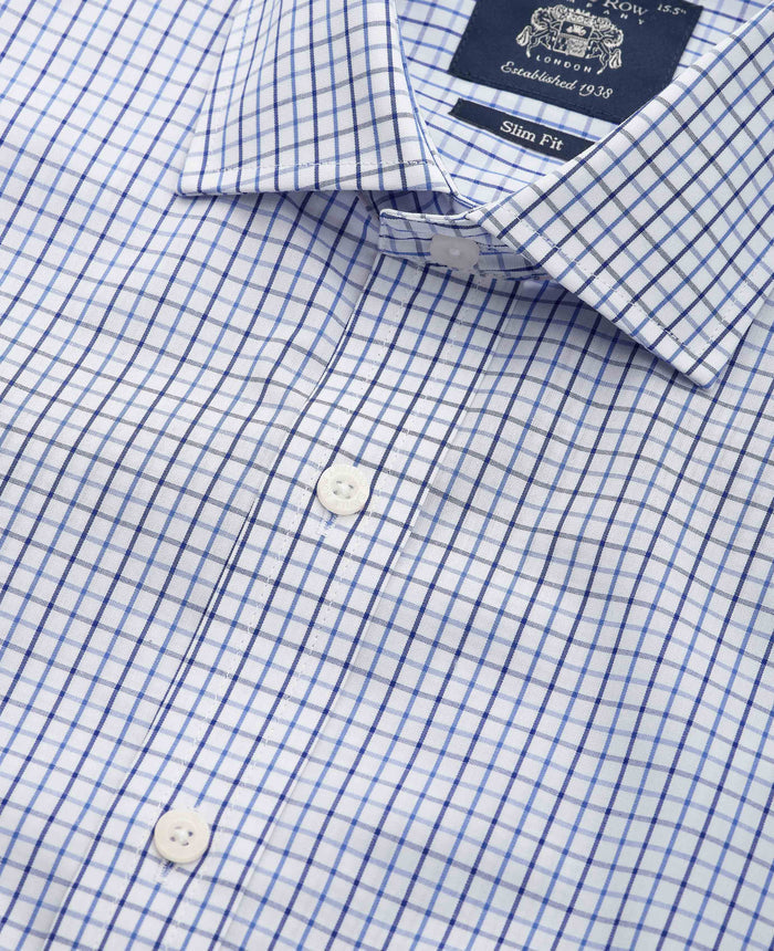 Men's White Blue Cotton Poplin Slim Fit Check Formal Shirt With Single Cuffs collar detail
