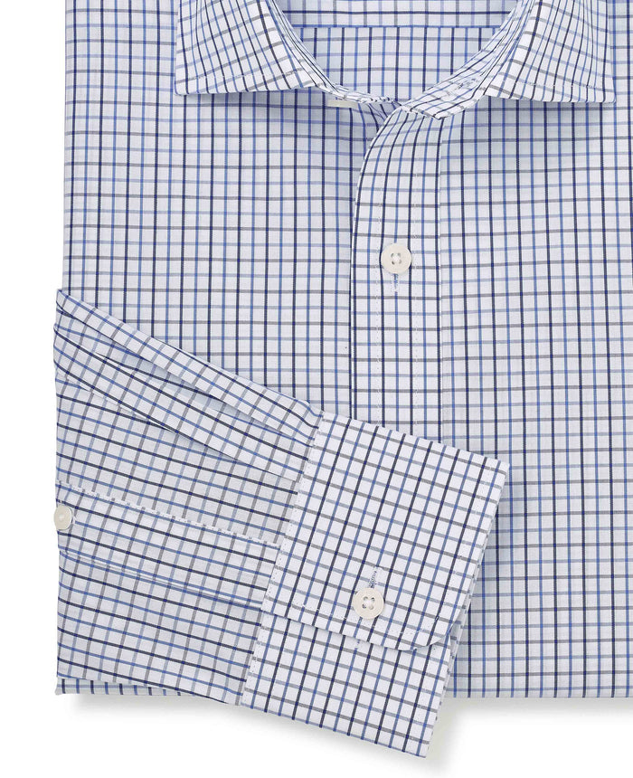 Men's White Blue Cotton Poplin Slim Fit Check Formal Shirt With Single Cuffs sleeve detail