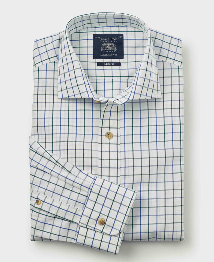 Men's White Blue Cotton Tattersall Check Slim Fit Formal Shirt With Single Cuffs folded