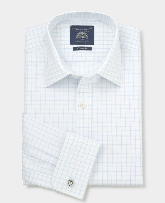 Men's White Blue Cotton Twill Window Check Classic Fit Formal Shirt With Double Cuffs folded shot