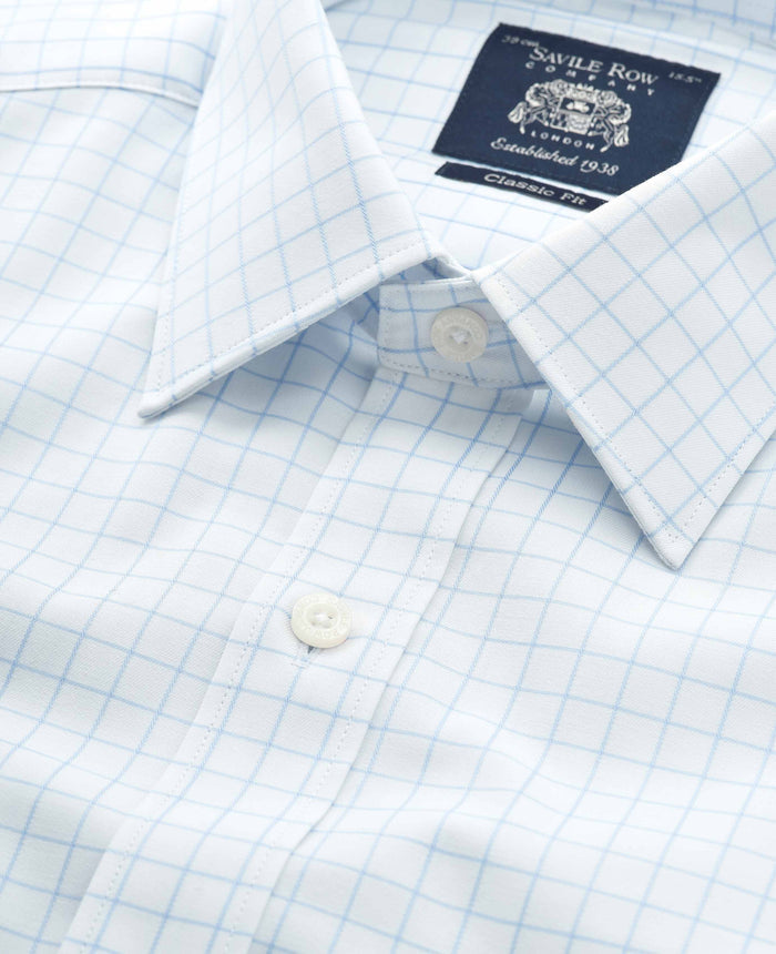 Men's White Blue Cotton Twill Window Check Classic Fit Formal Shirt With Double Cuffs collar detail