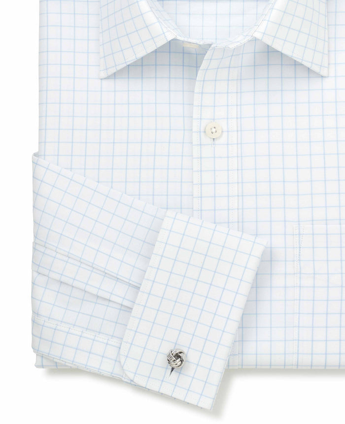 Men's White Blue Cotton Twill Window Check Classic Fit Formal Shirt With Double Cuffs sleeve detail
