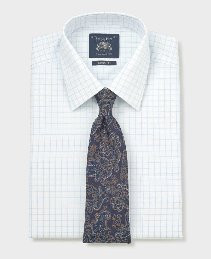 Men's White Blue Cotton Twill Window Check Classic Fit Formal Shirt With Double Cuffs folded shot