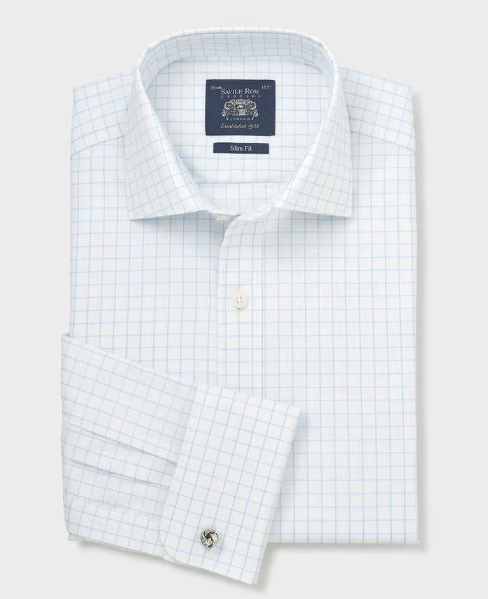 Men's White Blue Cotton Twill Window Check Slim Fit Formal Shirt With Double Cuffs folded shot
