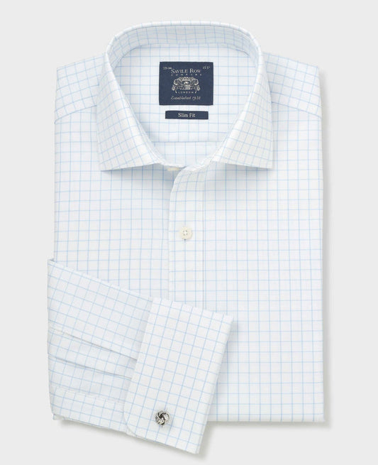 Men's White Blue Cotton Twill Window Check Slim Fit Formal Shirt With Double Cuffs folded shot