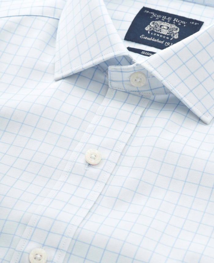 Men's White Blue Cotton Twill Window Check Slim Fit Formal Shirt With Double Cuffs collar detail