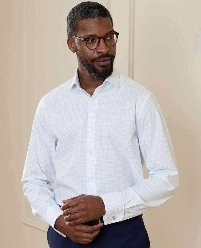 Men's White Blue Cotton Twill Window Check Slim Fit Formal Shirt With Double Cuffs model shot