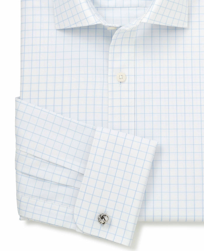 Men's White Blue Cotton Twill Window Check Slim Fit Formal Shirt With Double Cuffs sleeve detail