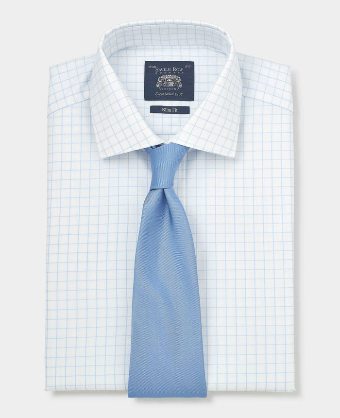 Men's White Blue Cotton Twill Window Check Slim Fit Formal Shirt With Double Cuffs folded shot