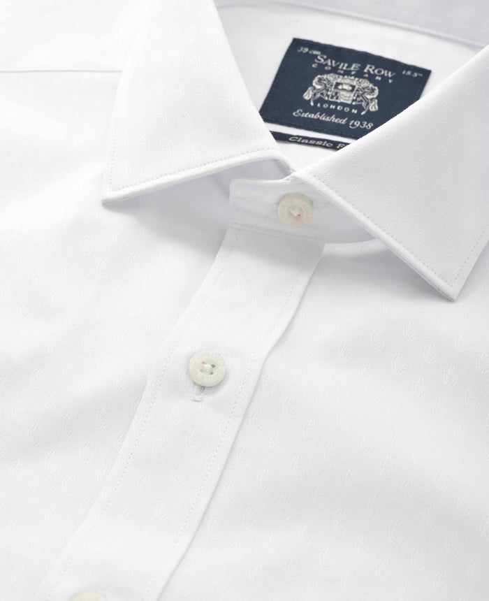 Men's White Cotton Dobby Paisley Classic Fit Formal Shirt With Double Cuffs collar detail