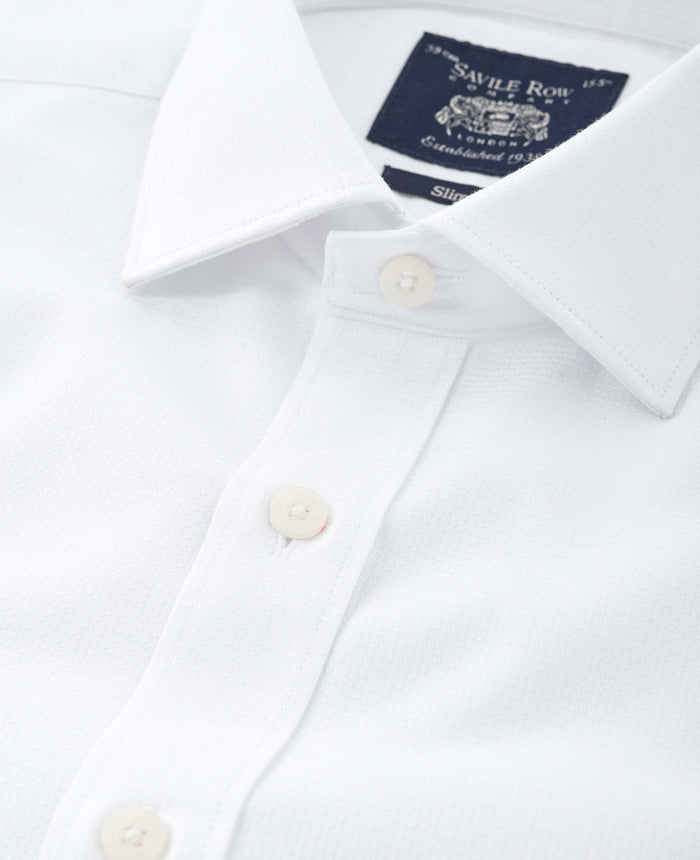 Men's White Cotton Dobby Slim Fit Formal Shirt With Double Cuffs collar detail