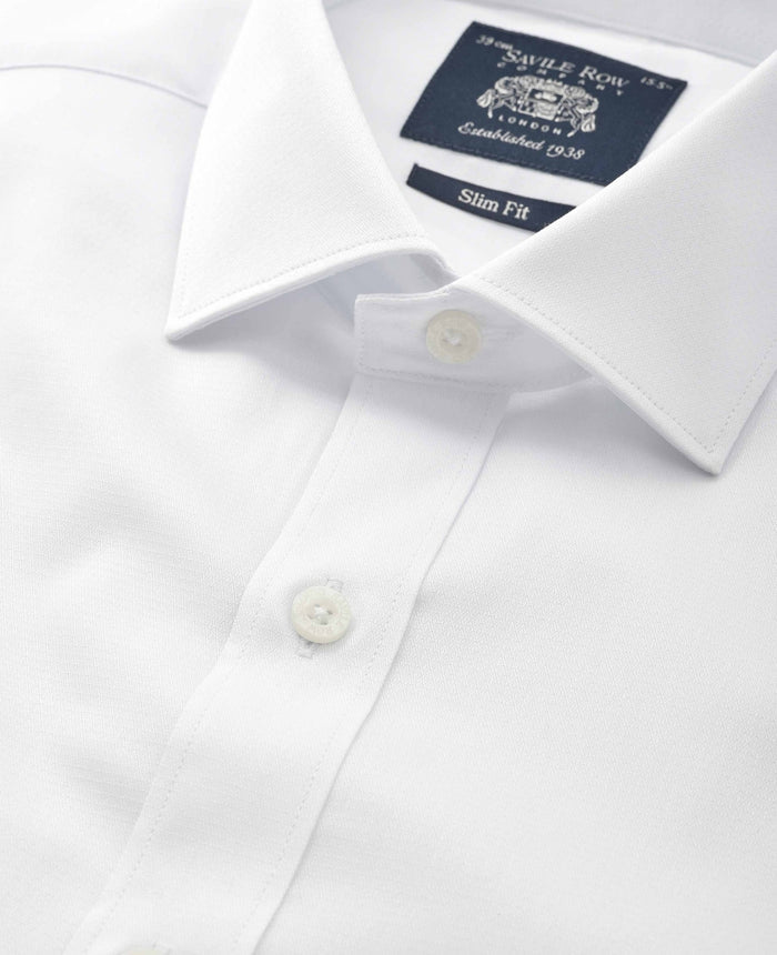 Men's White Cotton Dobby Slim Fit Formal Shirt With Single Cuffs collar detail