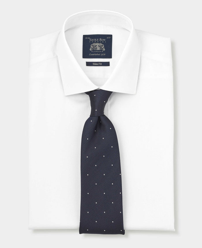 Men's White Cotton Dobby Slim Fit Formal Shirt With Single Cuffs folded with tie