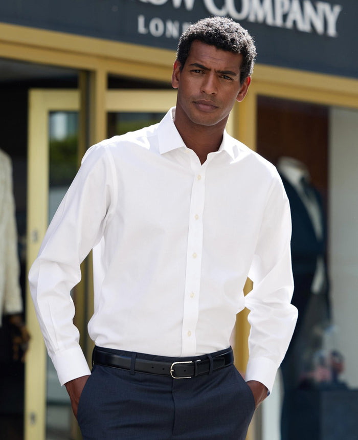 White Cotton Herringbone Classic Fit Non-Iron Shirt - Single Cuff