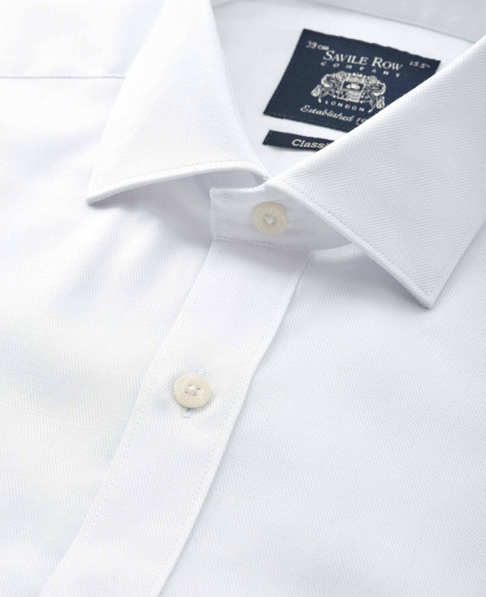 Men's White Cotton Jacquard Classic Fit Formal Shirt With Single Cuffs collar detail