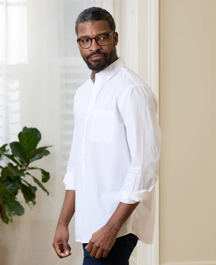 Men's White Cotton Poplin Classic Fit Button-Down Smart Casual Shirt model shot