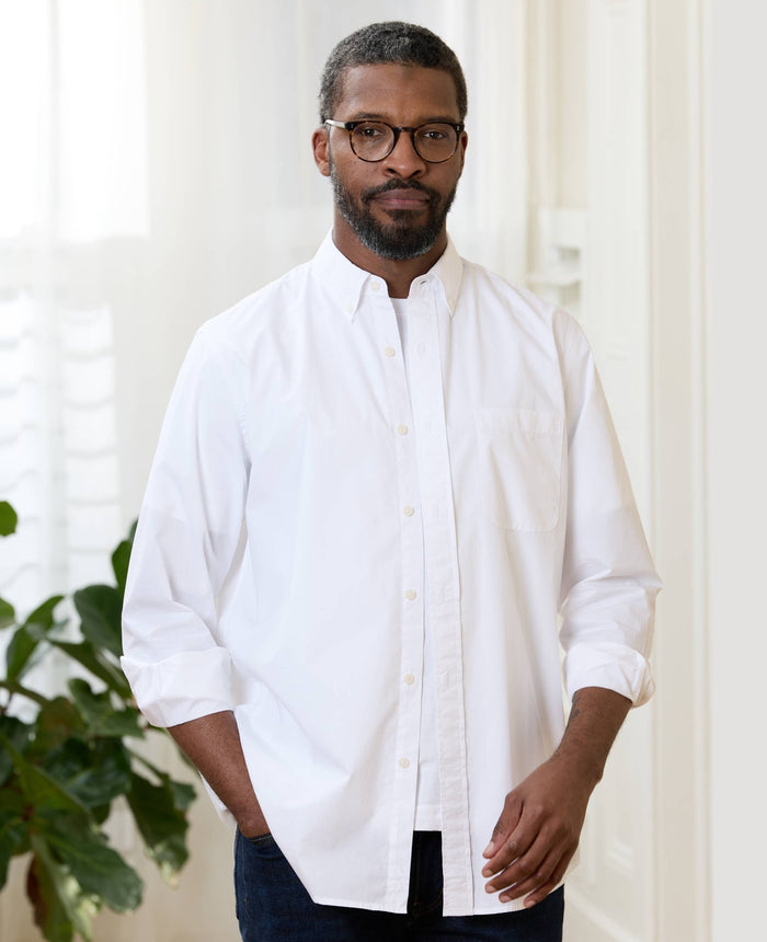 Men's White Cotton Poplin Classic Fit Button-Down Smart Casual Shirt model shot