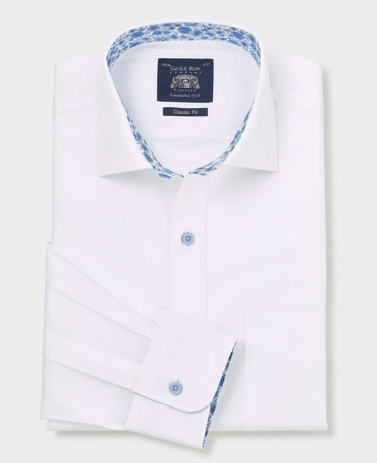 Men's White Cotton Poplin Contrast Button Floral Trim Classic Fit Formal Shirt With Single Cuffs folded shot