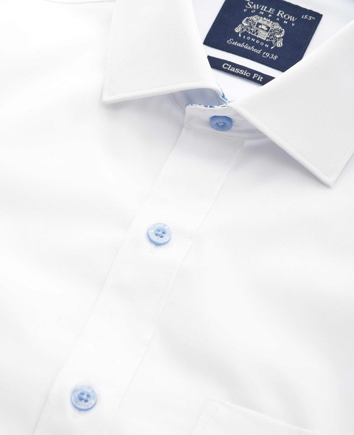 Men's White Cotton Poplin Contrast Button Floral Trim Classic Fit Formal Shirt With Single Cuffs collar detail