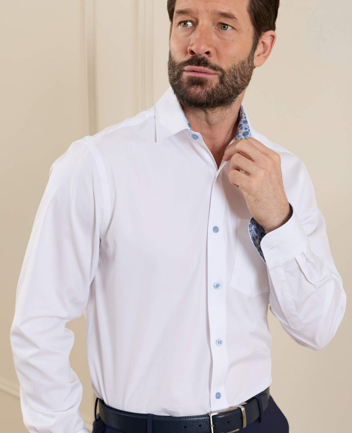 Men's White Cotton Poplin Contrast Button Floral Trim Classic Fit Formal Shirt With Single Cuffs model shot