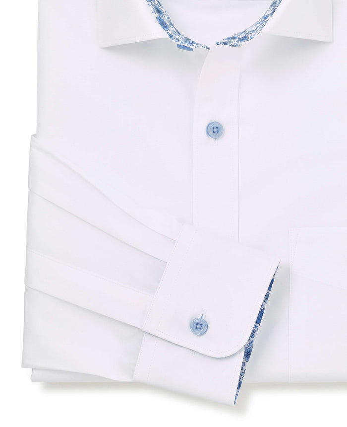 Men's White Cotton Poplin Contrast Button Floral Trim Classic Fit Formal Shirt With Single Cuffs sleeve detail