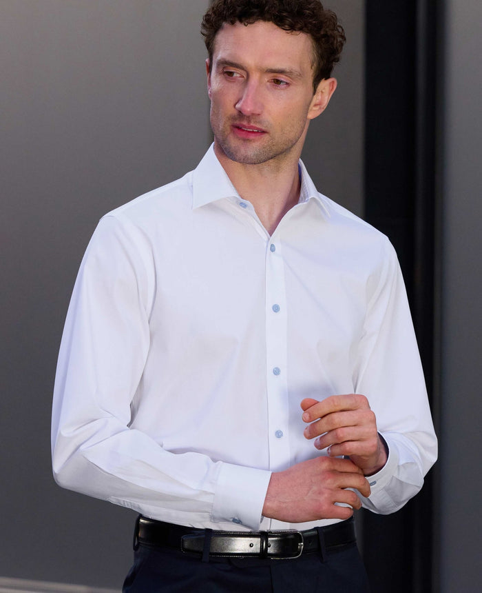 White Cotton Poplin Contrast Button Gingham Trim Slim Fit Formal Shirt - Single Cuff