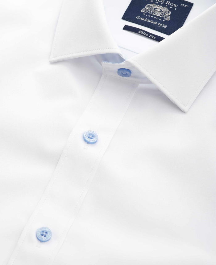 Men's White Cotton Poplin Contrast Button Slim Fit Formal Shirt With Single Cuffs collar detail
