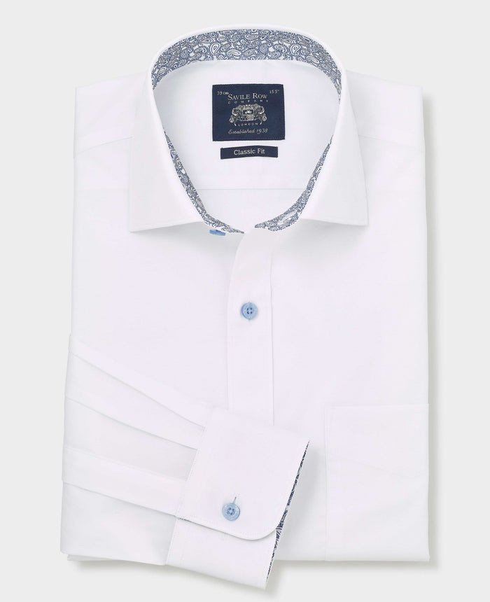 Men's White Cotton Poplin Contrast Button Classic Fit Formal Shirt With Single Cuffs folded shot