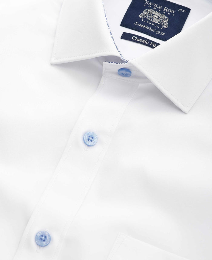 Men's White Cotton Poplin Contrast Button Classic Fit Formal Shirt With Single Cuffs collar detail