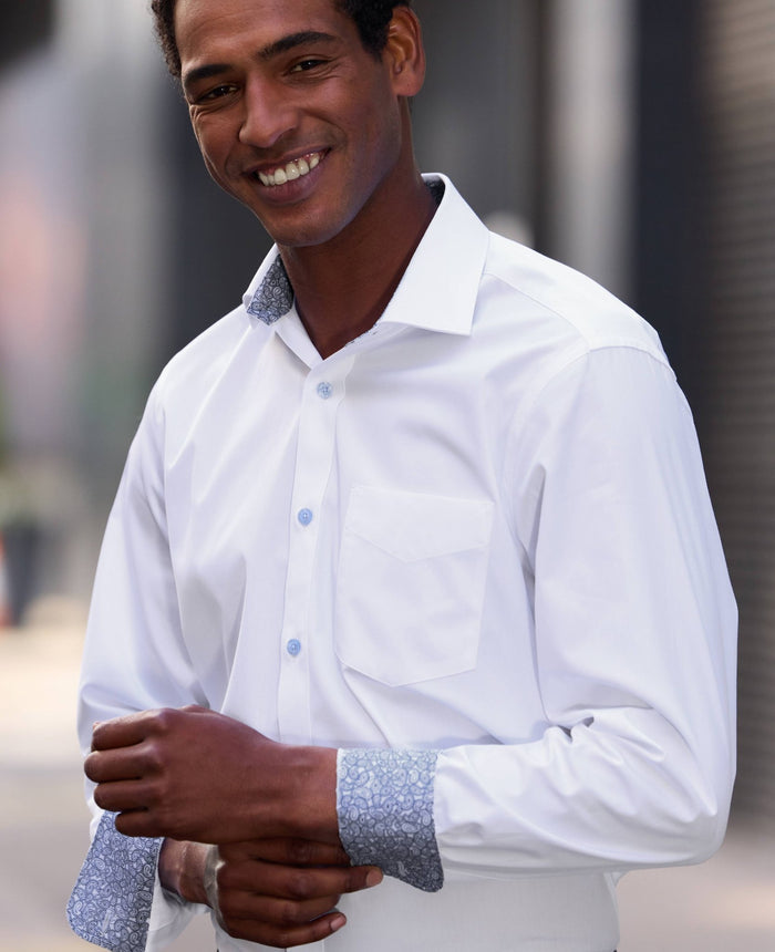 White Cotton Poplin Contrast Button Paisley Trim Classic Fit Formal Shirt - Single Cuff