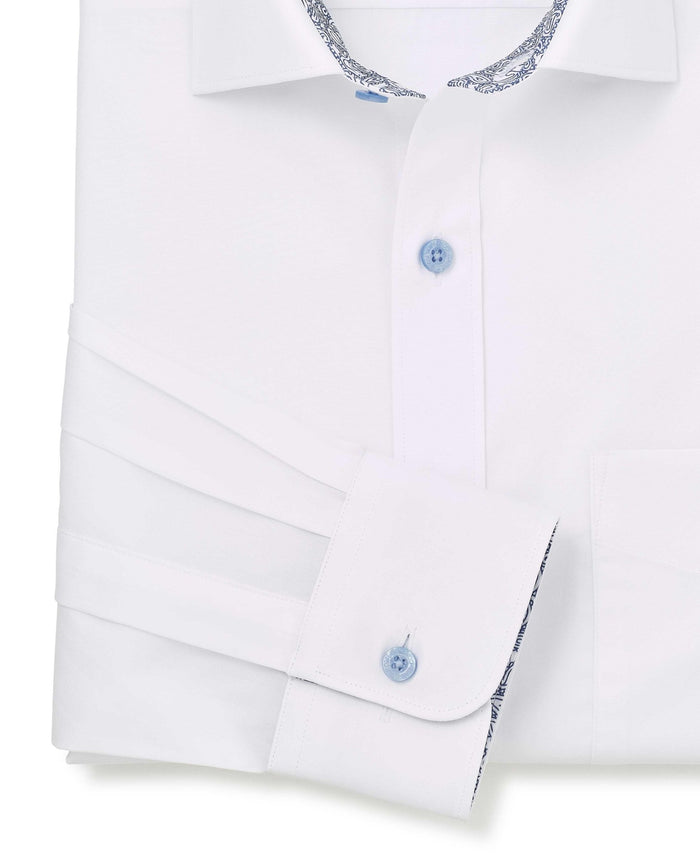 Men's White Cotton Poplin Contrast Button Classic Fit Formal Shirt With Single Cuffs sleeve detail