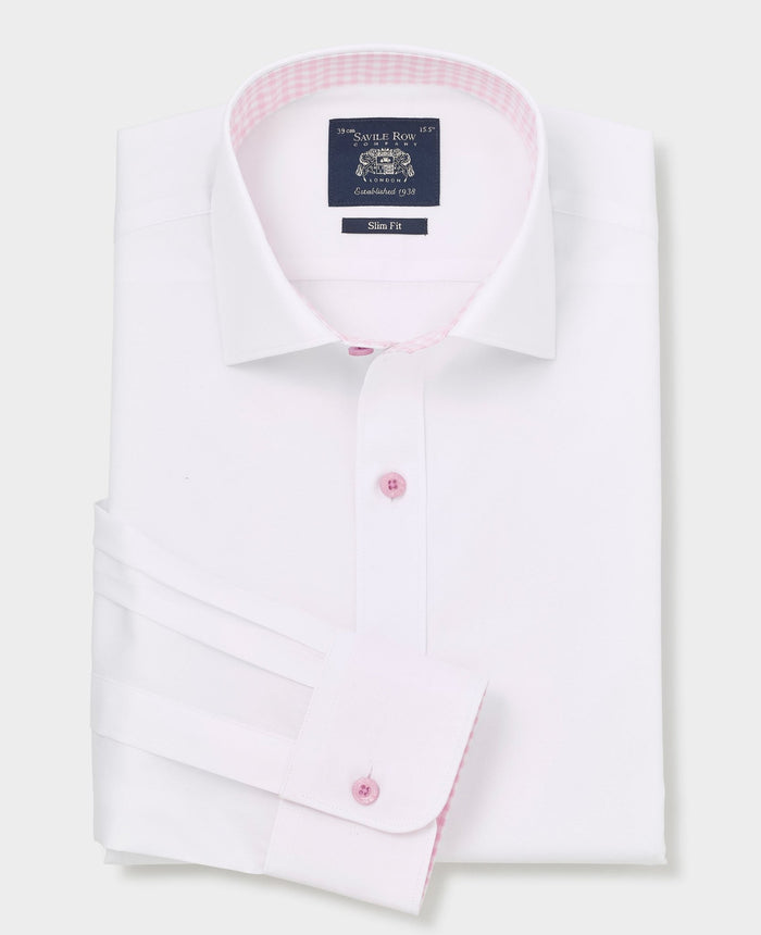 Men's White Contrast Button Pink Gingham Trim Slim Fit Formal Shirt With Single Cuffs folded shot