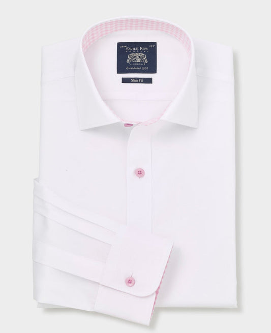 Men's White Contrast Button Pink Gingham Trim Slim Fit Formal Shirt With Single Cuffs folded shot
