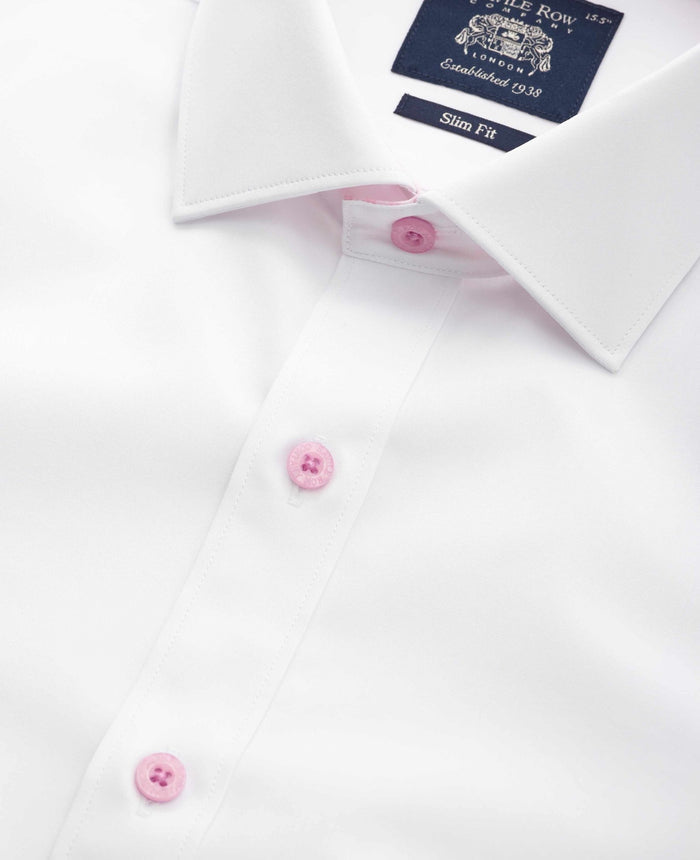 Men's White Contrast Button Pink Gingham Trim Slim Fit Formal Shirt With Single Cuffs collar detail