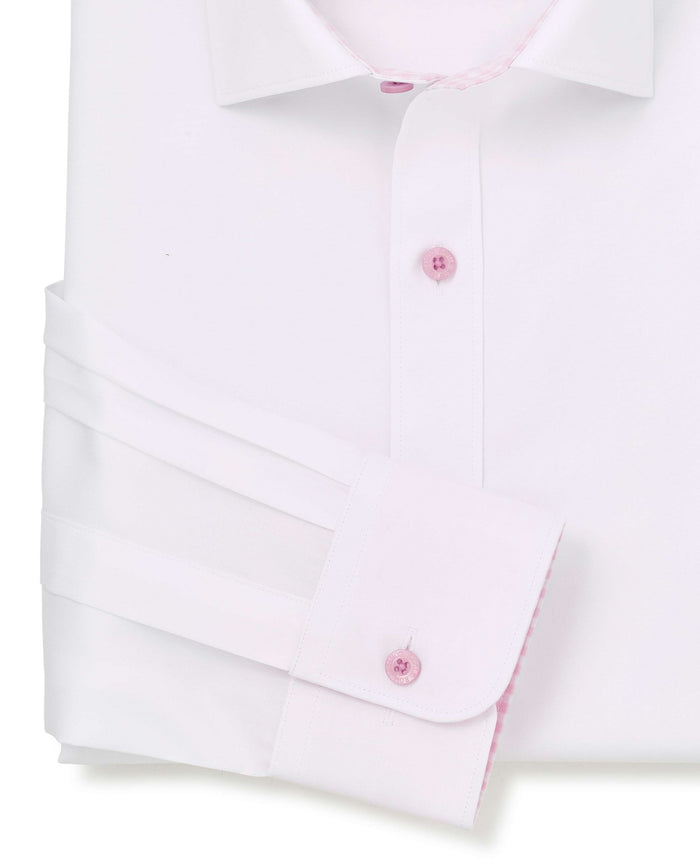 Men's White Contrast Button Pink Gingham Trim Slim Fit Formal Shirt With Single Cuffs sleeve detail