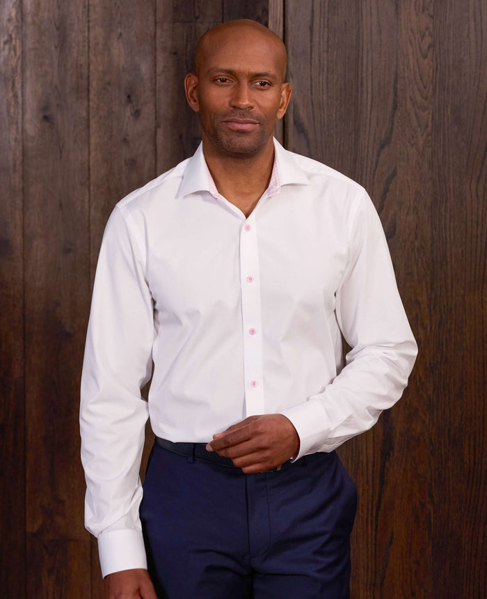 Men's White Contrast Button Pink Gingham Trim Slim Fit Formal Shirt With Single Cuffs model shot