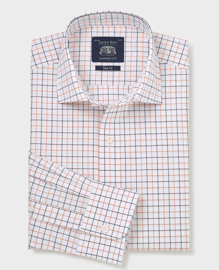 Men's White Cotton Poplin Slim Fit Check Formal Shirt With Single Cuff folded shot