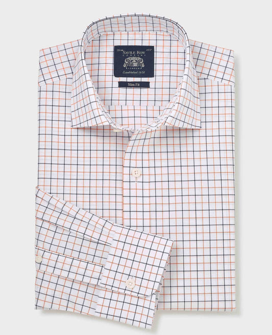 Men's White Cotton Poplin Slim Fit Check Formal Shirt With Single Cuff folded shot